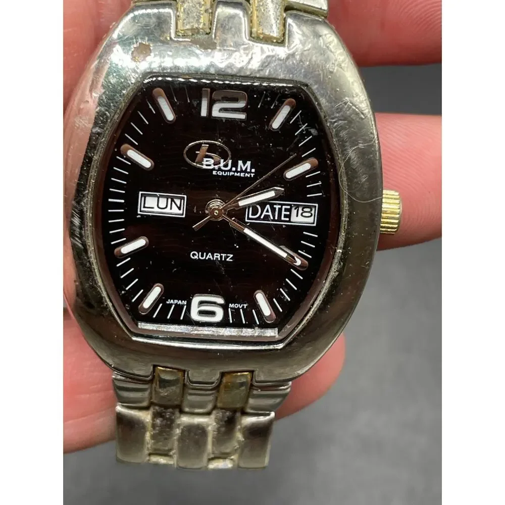 Bum Equipment 3316 Analog Date/Day Mens Quartz Watch Black Dial Silver Tone 36mm